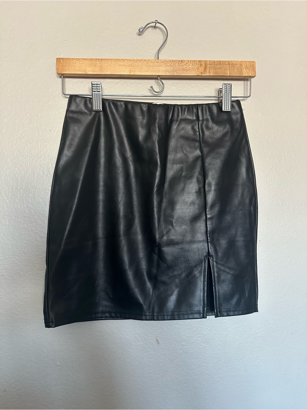 Black Faux Leather Mini Skirt with Front Slit